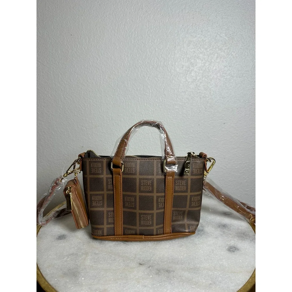 Steve Madden BMADDI Satchel Brown Monogram Crossbody Bag with Pouch DO345000 NEW